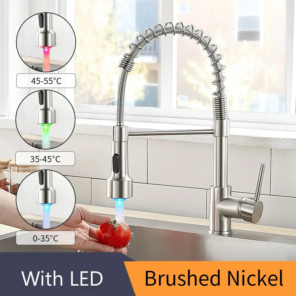 Brushed nickel kitchen faucet with flexible coiled neck and led temperature lights for decorbites brass spring spout