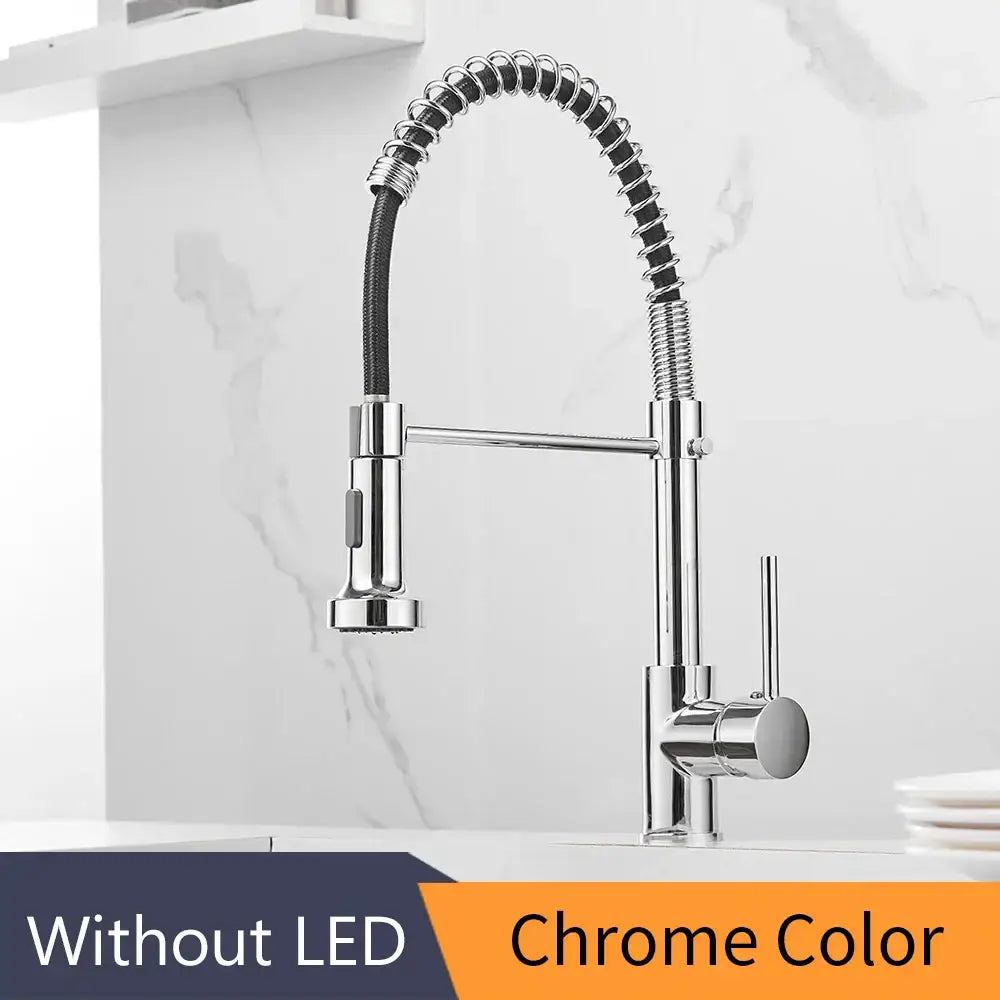 Chrome finished decorbites brass spring kitchen faucet with flexible coiled brass spring spout and pull down spray head