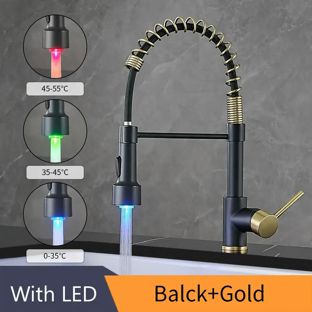 Gold brass spring spout kitchen faucet with black and gold flexible coiled neck and temperature-sensitive color lighting decorbites brass spring