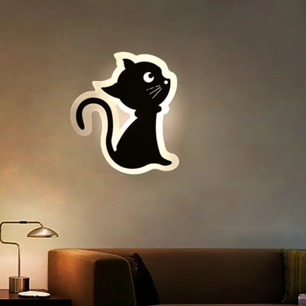 Black cat-shaped wall light with glowing white outline for children’s bedroom gold and brown crescent wall light