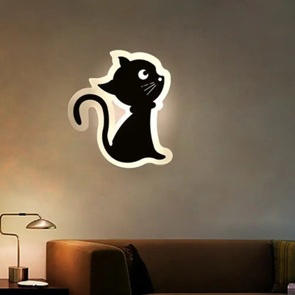 Black cat-shaped wall light with glowing white outline for children’s bedroom gold and brown crescent wall light