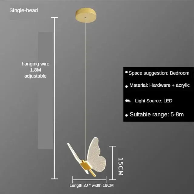 Gold butterfly acrylic chandelier pendant lamp with delicate translucent wings and gold-toned body for bedroom lighting