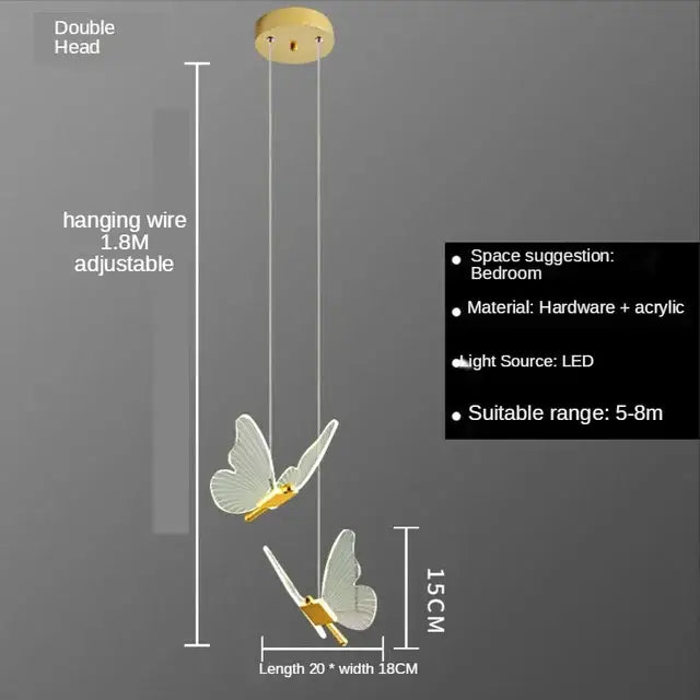 Gold butterfly acrylic chandelier pendant lamp with gold accents translucent wings and adjustable hanging wire for bedroom lighting