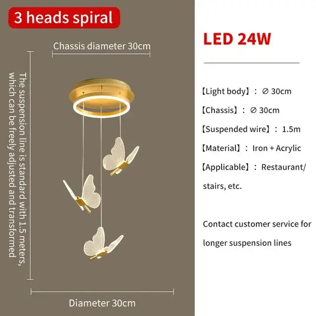 Gold-toned spiral ceiling light with three suspended butterfly-shaped led fixtures decorbites butterfly chandelier