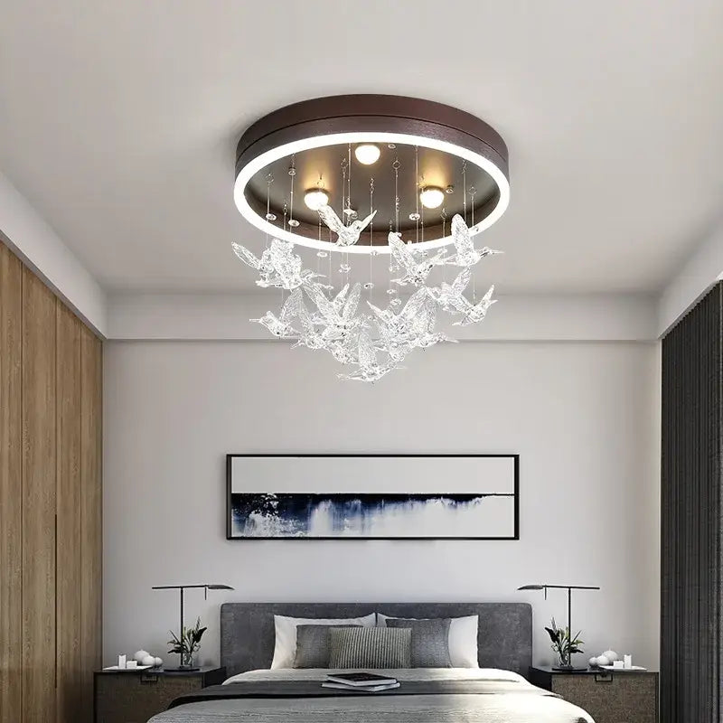 Gold butterfly crystal led ceiling chandelier with dark brown frame and clear crystal bird ornaments for kids bedroom decorbites crystal led