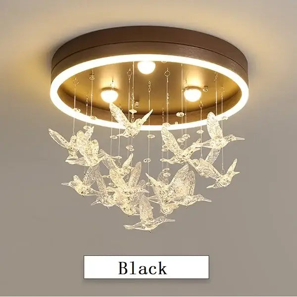Black circular crystal led ceiling chandelier with gold butterfly bird ornaments for kids bedroom decorbites crystal led