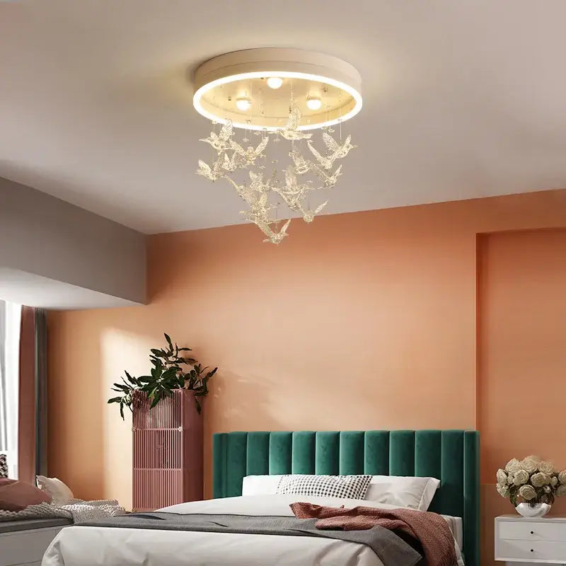 Gold butterfly crystal led ceiling chandelier with circular white base and translucent bird decorbites crystal led ornaments