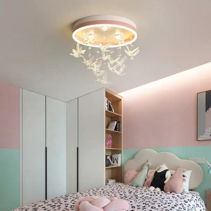 Round ceiling chandelier with pink and white frame and clear butterfly ornaments decorbites crystal led ceiling light