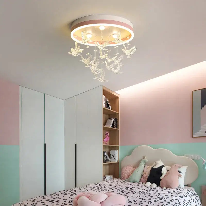 Round ceiling chandelier with pink and white frame and clear butterfly ornaments decorbites crystal led ceiling light