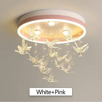 Gold butterfly decorbites crystal led ceiling lamp with white and pink base and hanging crystal bird ornaments for kids bedroom