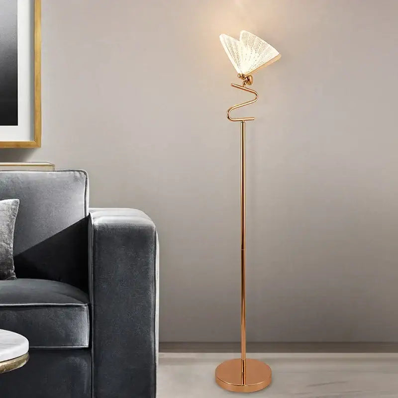 Gold-toned decorbites butterfly led floor lamp with fan-shaped glass shade and curved stem for elegant living room decorbites floor lamp