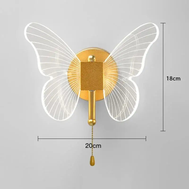 Gold-toned decorbites butterfly wall lamp with translucent wings and pull-chain switch for bedroom wall decor