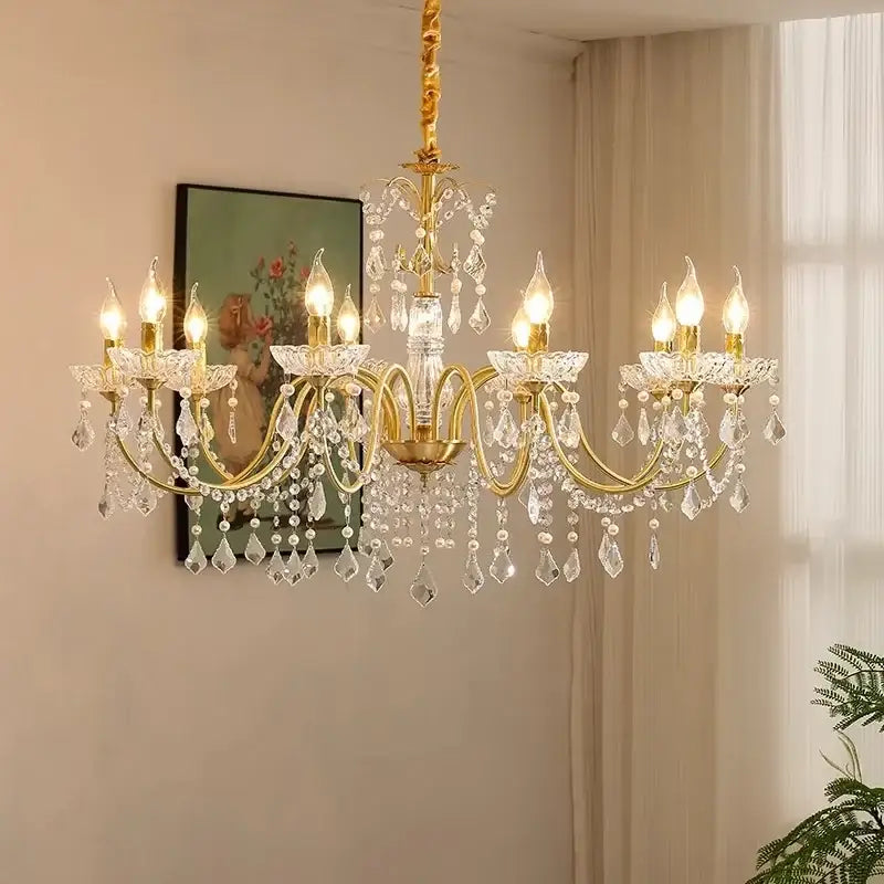Gold candle style crystal chandeliers light with crystal droplets and gold tone for dining room decorbites crystal chandeliers
