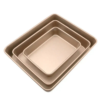 Set of three gold carbon steel cake baking trays with smooth non stick surfaces by decorbites for kitchen use