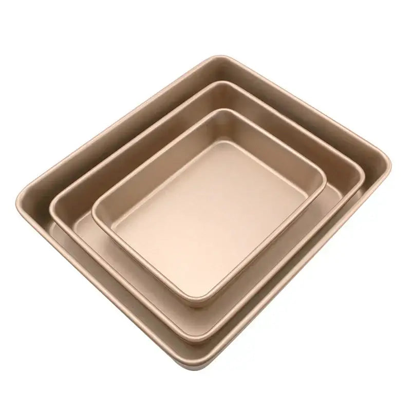 Set of three gold carbon steel cake baking trays with smooth non stick surfaces by decorbites for kitchen use