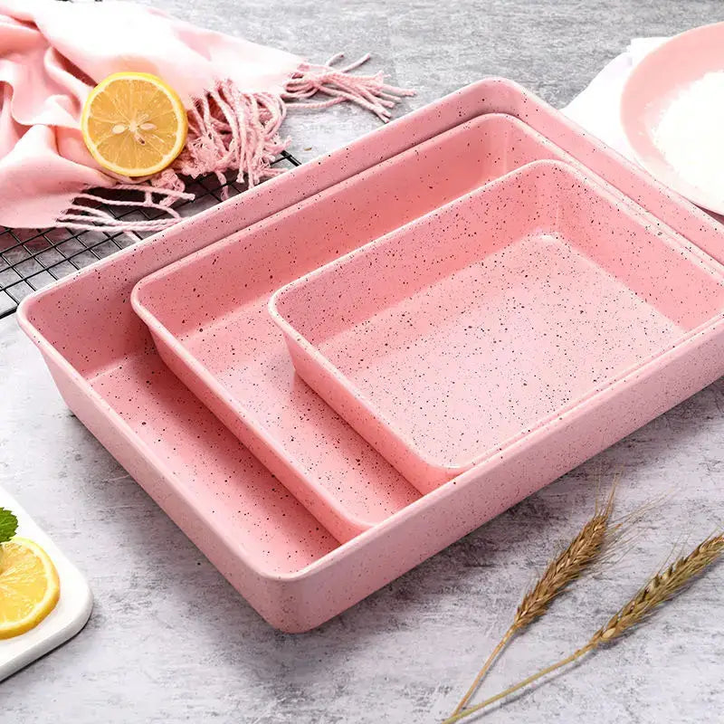 Set of three pink speckled gold carbon steel cake baking trays with non stick decorbites carbon steel finish