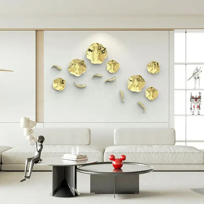 Golden metallic carp fish lotus leaf wall art with glossy finish perfect for decorbites carp fish living room decor