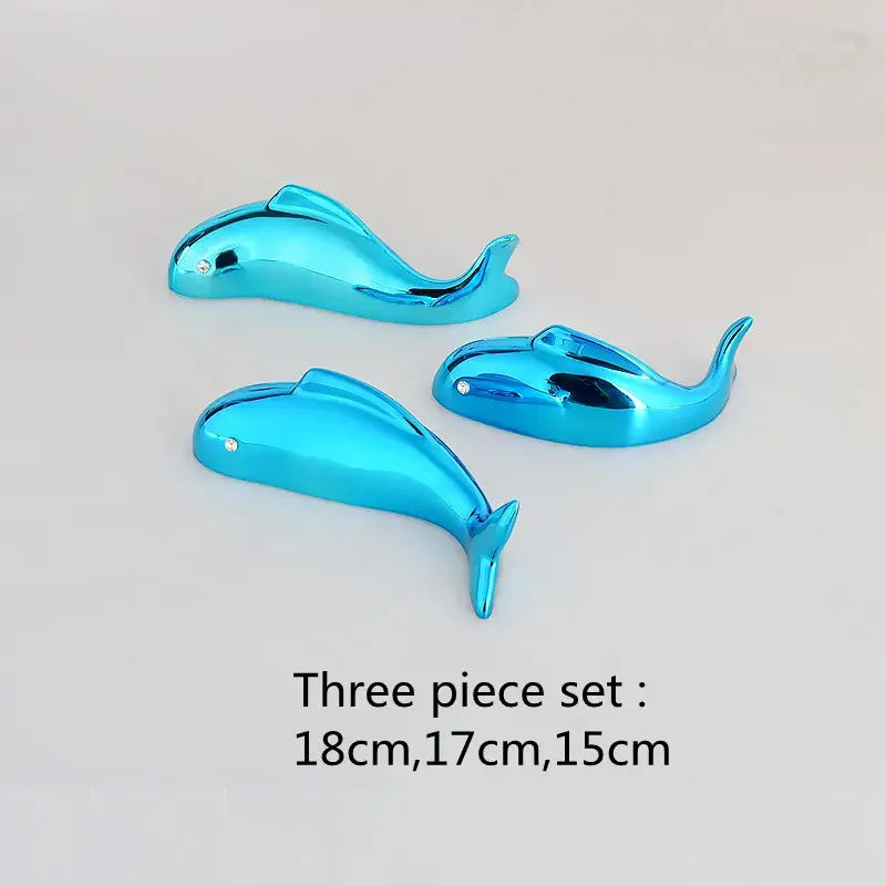 Set of three shiny blue dolphin shaped decorbites carp fish with gemstone eyes for carp fish lotus wall art decor