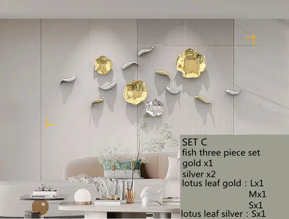 Gold and silver metallic carp fish lotus wall art set with glossy reflective finish for living room decor by decorbites carp fish