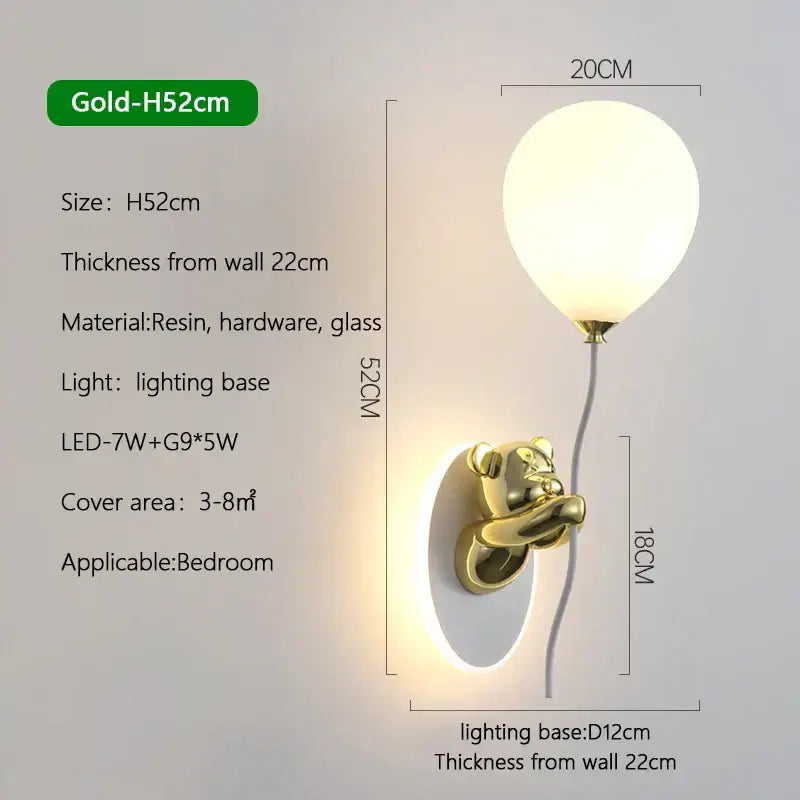 Gold cartoon bear balloon wall lamp with led light source and glass components for children’s bedroom decorbites cartoon bear decor