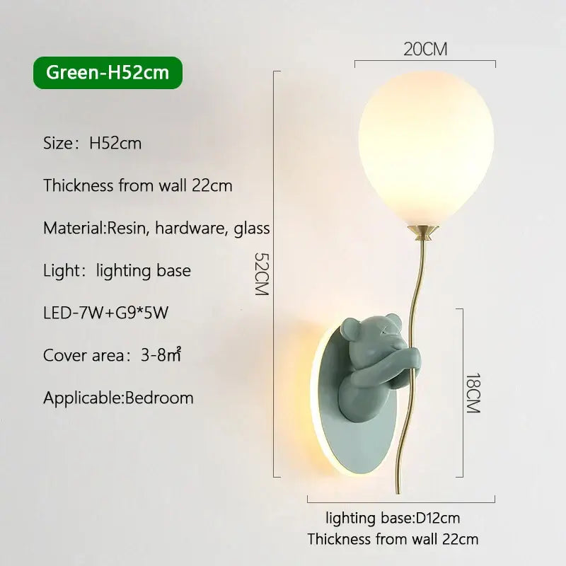 Green resin wall lamp with gold hardware featuring decorbites cartoon bear balloon for children’s bedroom decor