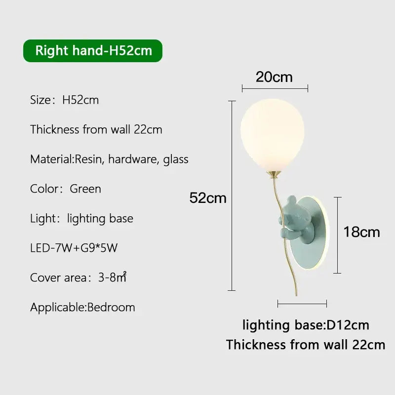 Green resin balloon-shaped wall lamp with gold-toned stem and glass shade for decorbites cartoon bear balloon decor
