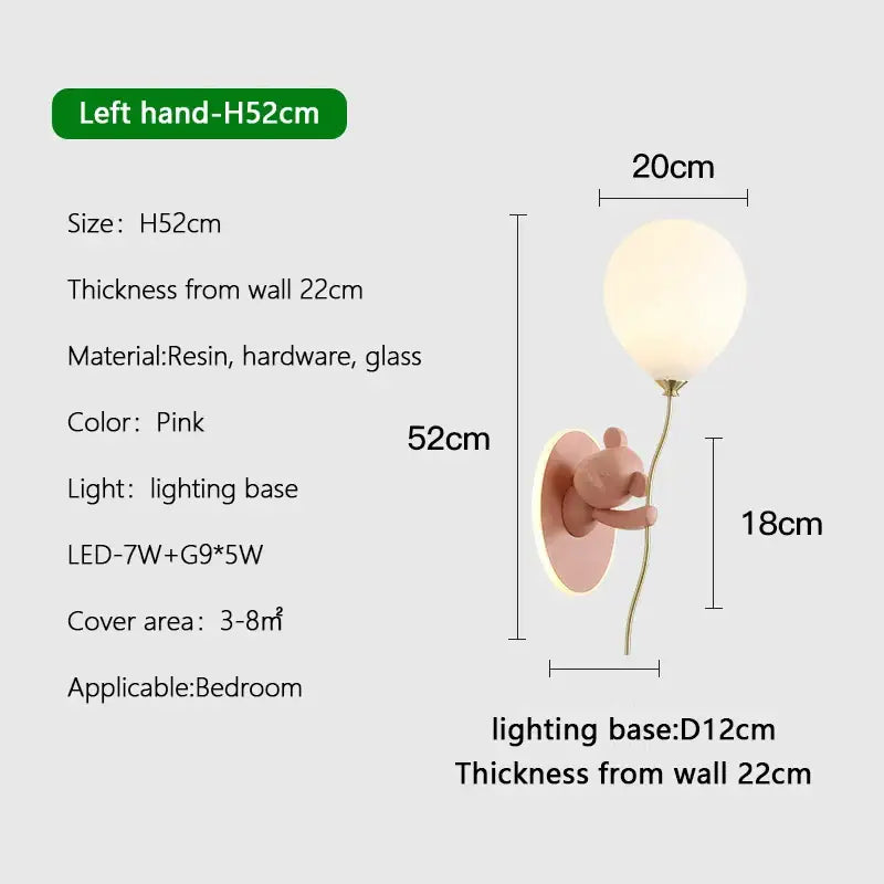 Pink resin wall lamp with decorbites cartoon bear balloon design and led lighting base for children’s bedroom decor