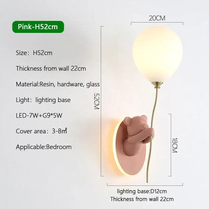 Pink resin wall lamp with brass accents and glass lampshade featuring decorbites cartoon bear balloon design for children