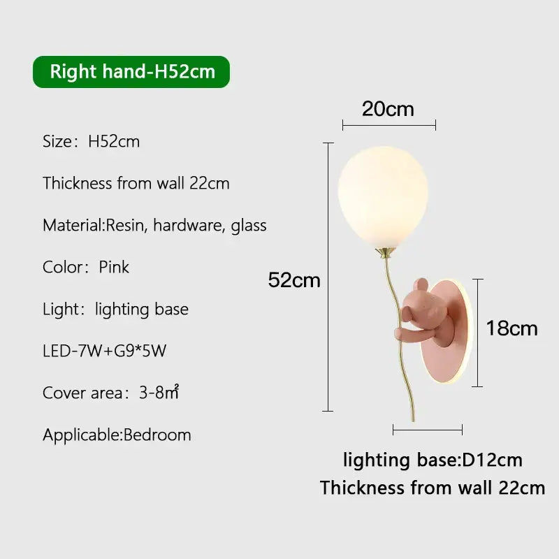 Pink resin balloon wall lamp with gold-tone stem by decorbites cartoon bear for children’s bedroom decor