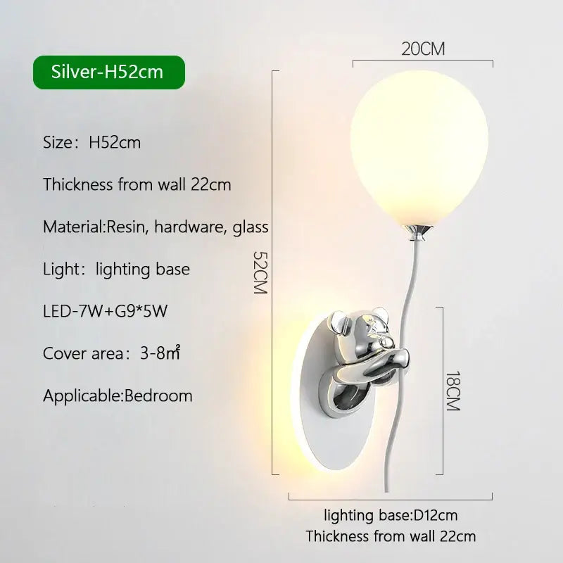 Silver balloon-shaped wall lamp with resin and glass design and led base for decorbites cartoon bear balloon wall lamp
