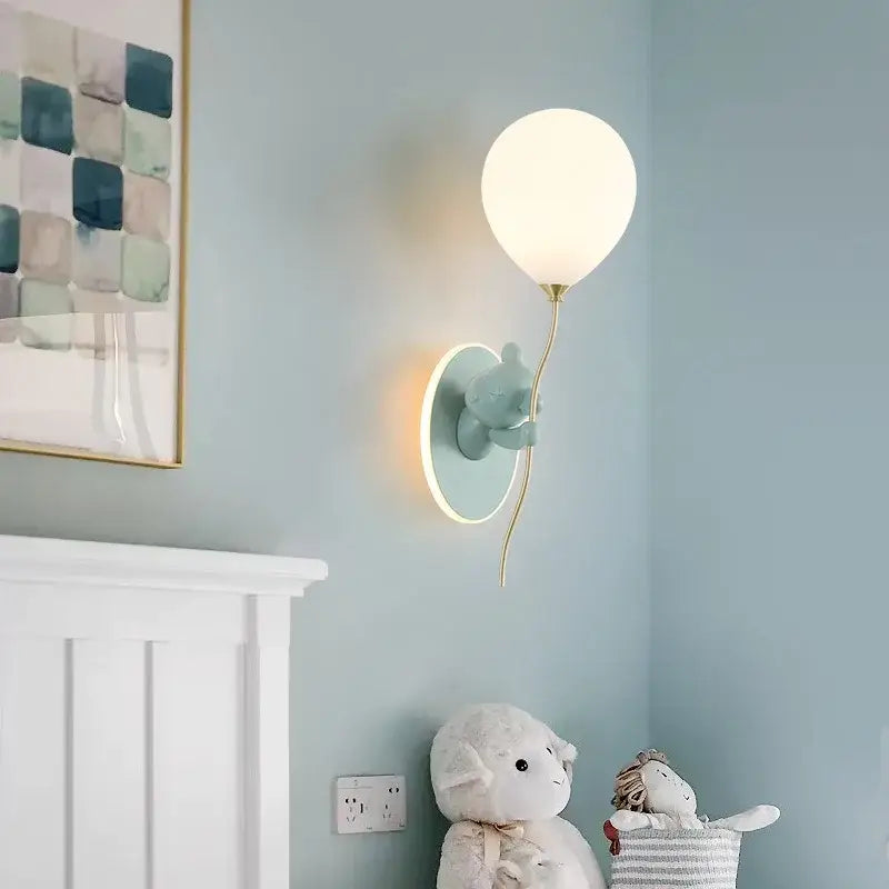 Gold cartoon bear balloon wall lamp with soft white balloon sconce and mint green decorbites cartoon bear for kids room