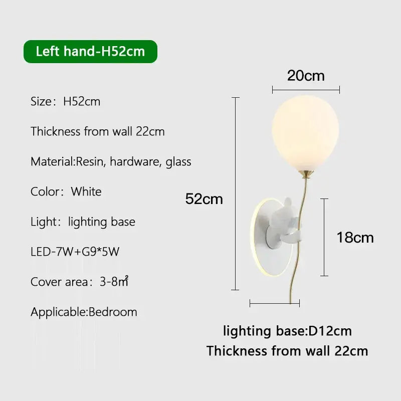 White resin cartoon bear balloon wall lamp with gold-toned stem by decorbites for children’s bedroom decor