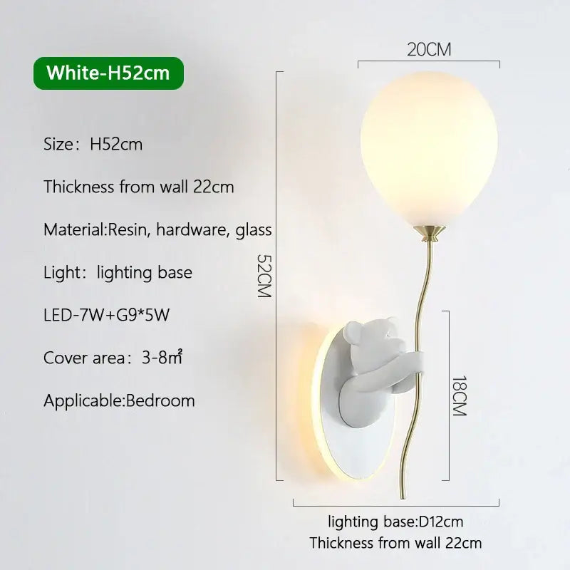 White resin wall lamp with gold-toned stem and base for bedroom lighting decorbites cartoon bear balloon design