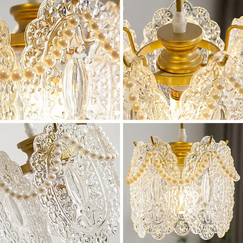 Elegant gold carved glass pearl chandelier with crystal and pearl embellishments for dining room decorbites carved glass