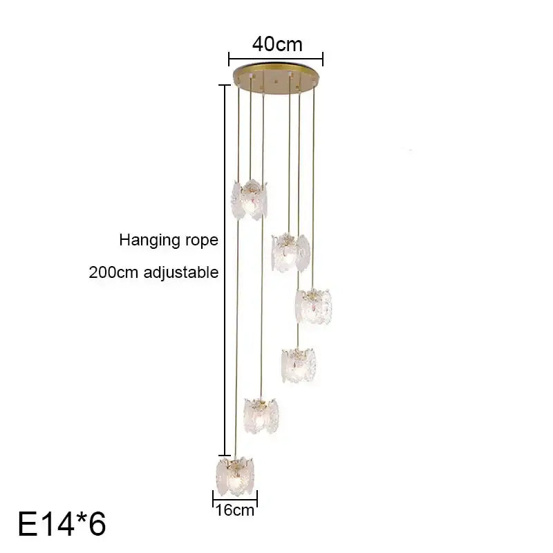 Gold carved glass pearl chandelier with six clear flower-shaped shades and adjustable ropes for dining room decorbites carved glass