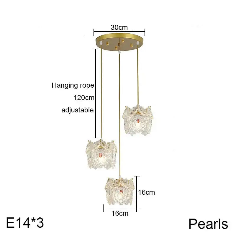 Gold carved glass pearl chandelier with three lights gold-toned lace-like shades for dining room decorbites carved glass