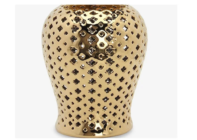 Gold Ceramic Carved Temple Jar - Home Decor