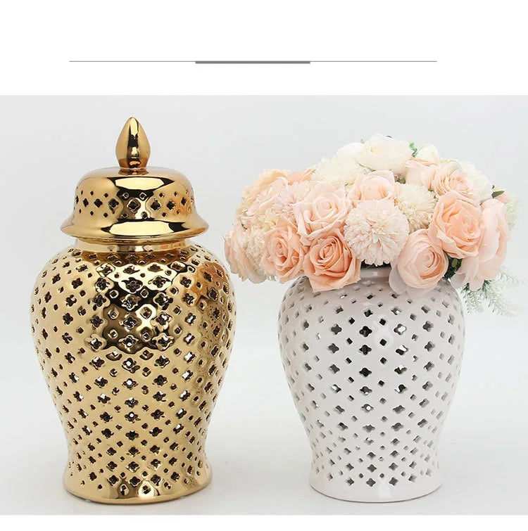 Gold Ceramic Carved Temple Jar - Home Decor