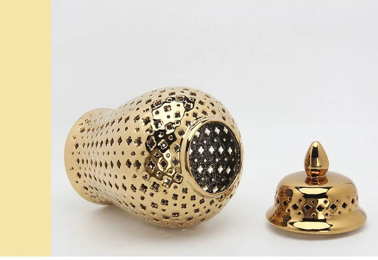 Gold Ceramic Carved Temple Jar - Home Decor