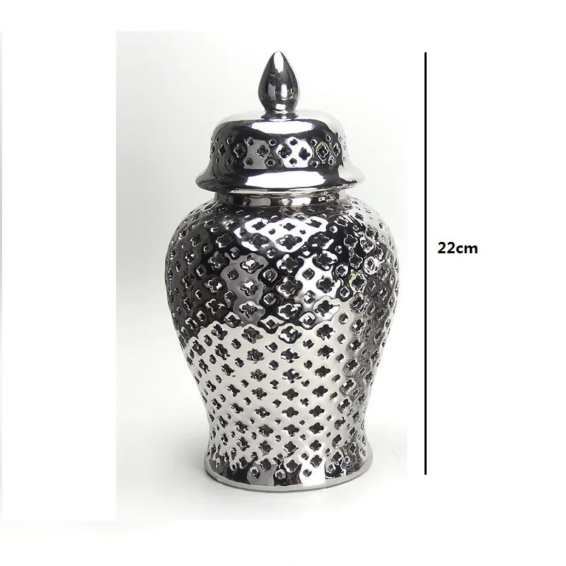 Gold Ceramic Carved Temple Jar - Home Decor - Silver 22CM - Vase