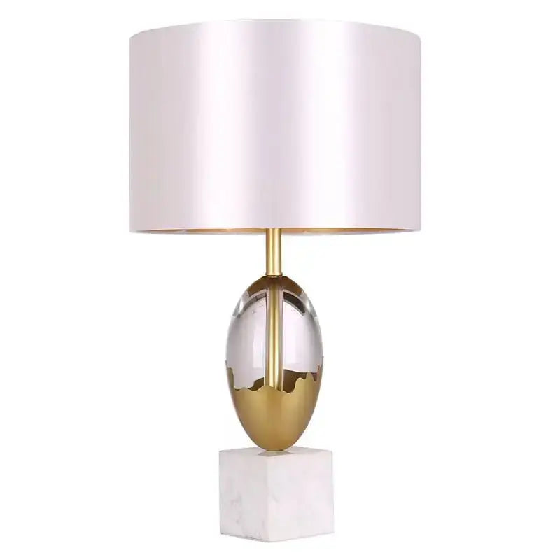 Elegant gold ceramic crystal fabric table lamp with satin white drum shade and marble base for bedroom use