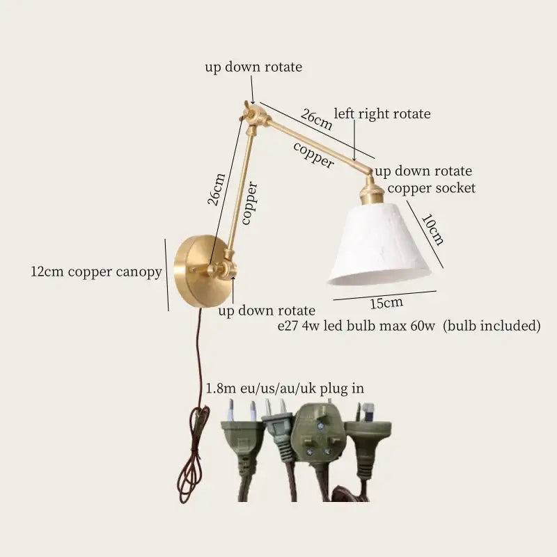 Copper wall lamp with adjustable arms and white ceramic shade for decorbites ceramic led wall lighting in living room