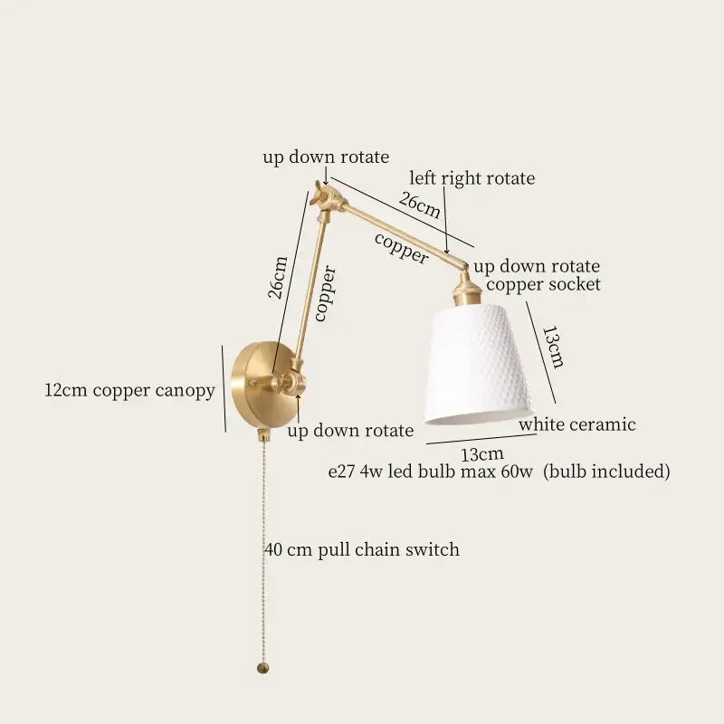 A sleek adjustable copper wall lamp with a white ceramic shade and e27 led bulb for decorbites ceramic led wall decor