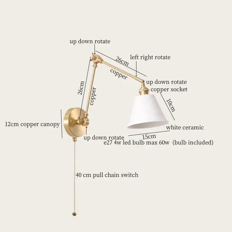 Adjustable copper wall lamp with white ceramic shade for decorbites ceramic led wall application in living room decor