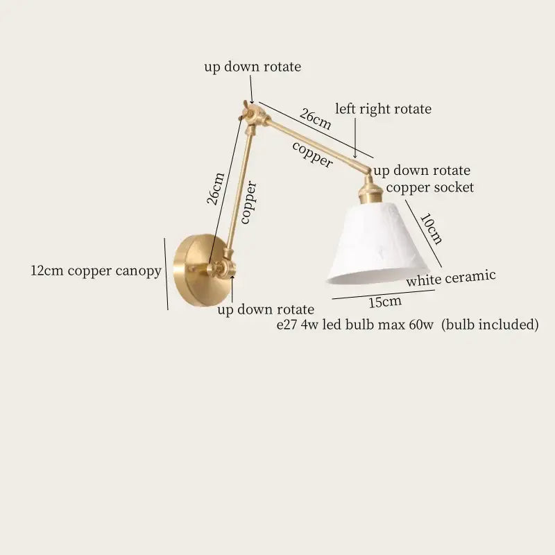 A sleek copper wall lamp with adjustable arms and white ceramic shade for versatile decorbites ceramic led wall lighting