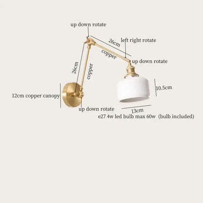 Copper wall lamp with white ribbed glass shade and adjustable arms for living room decorbites ceramic led wall lighting