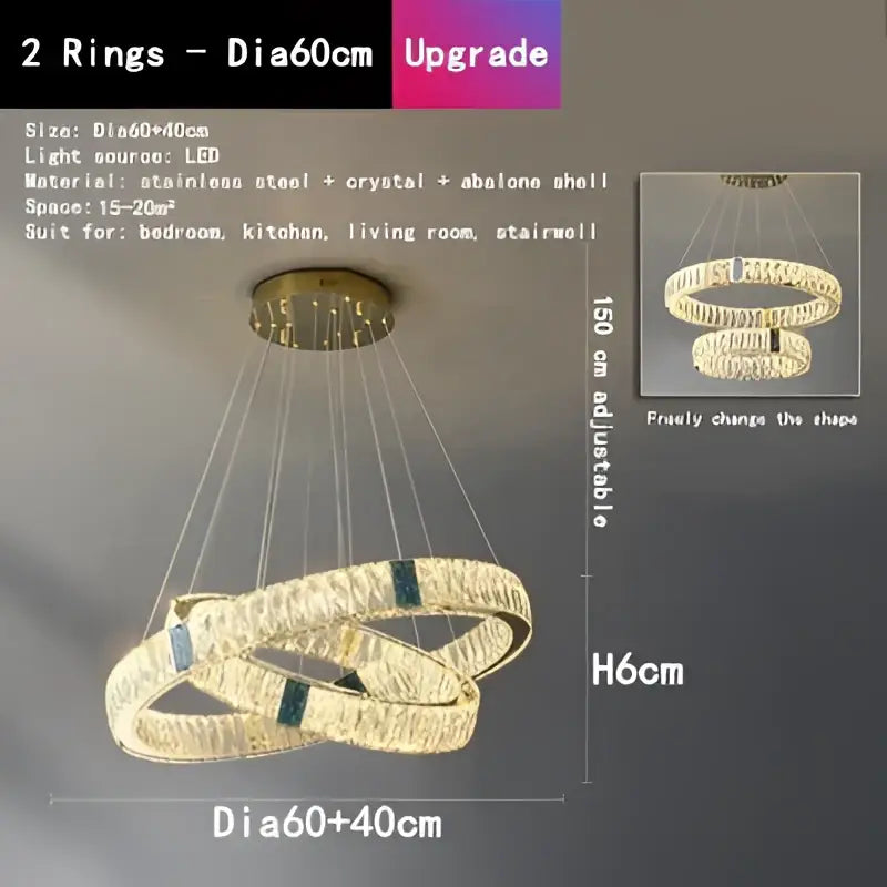 Gold circular decorbites crystal led chandelier with gold-toned rings and adjustable lighting for dining room use