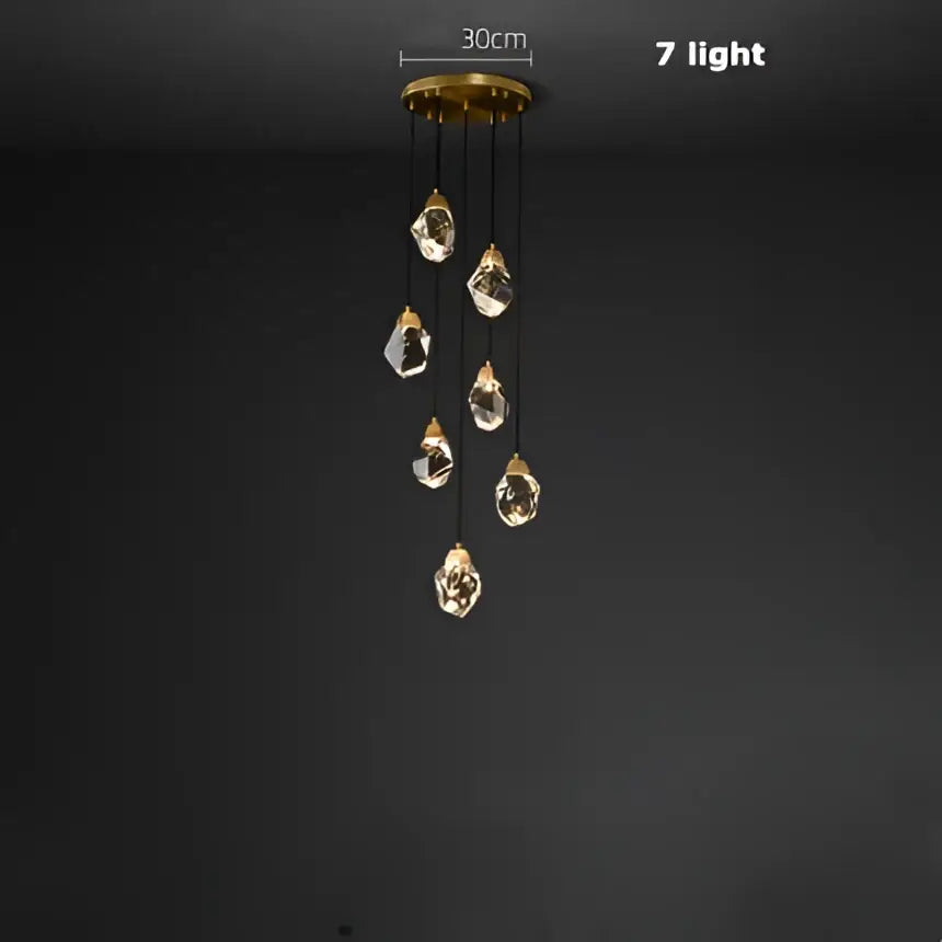 Gold circular stone lustre chandelier with seven dangling diamond crystal stone droplets for dining room lighting