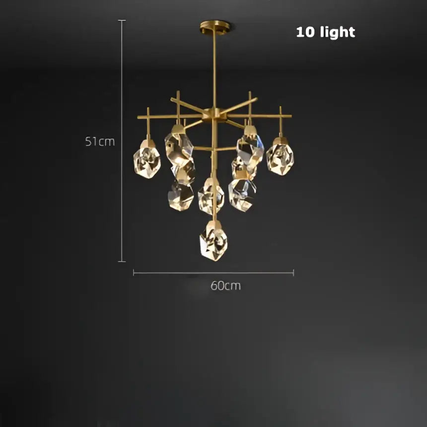 Gold circular stone lustre chandelier with diamond crystal stone droplets on a geometric metal frame for dining room