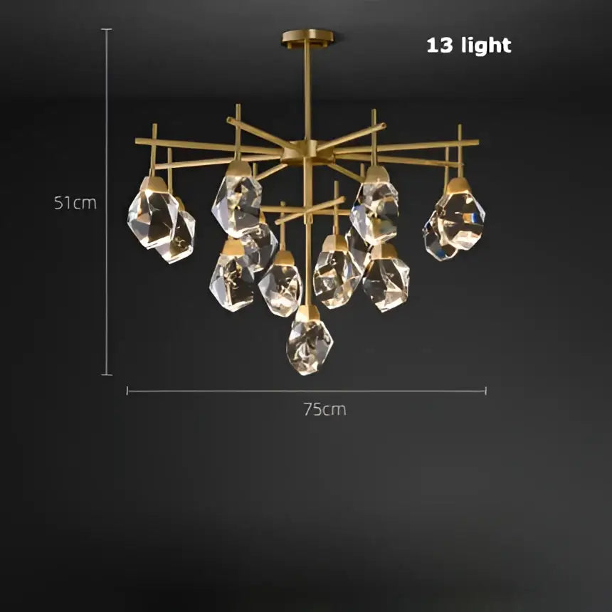 Gold circular stone lustre chandelier with 13 faceted diamond crystal stone pendants for dining room use
